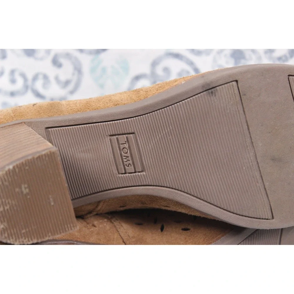 TOMS Majorca Peep‎ Toe Ankle Boots Tan Suede Perforated Block Heel Womens 8.5